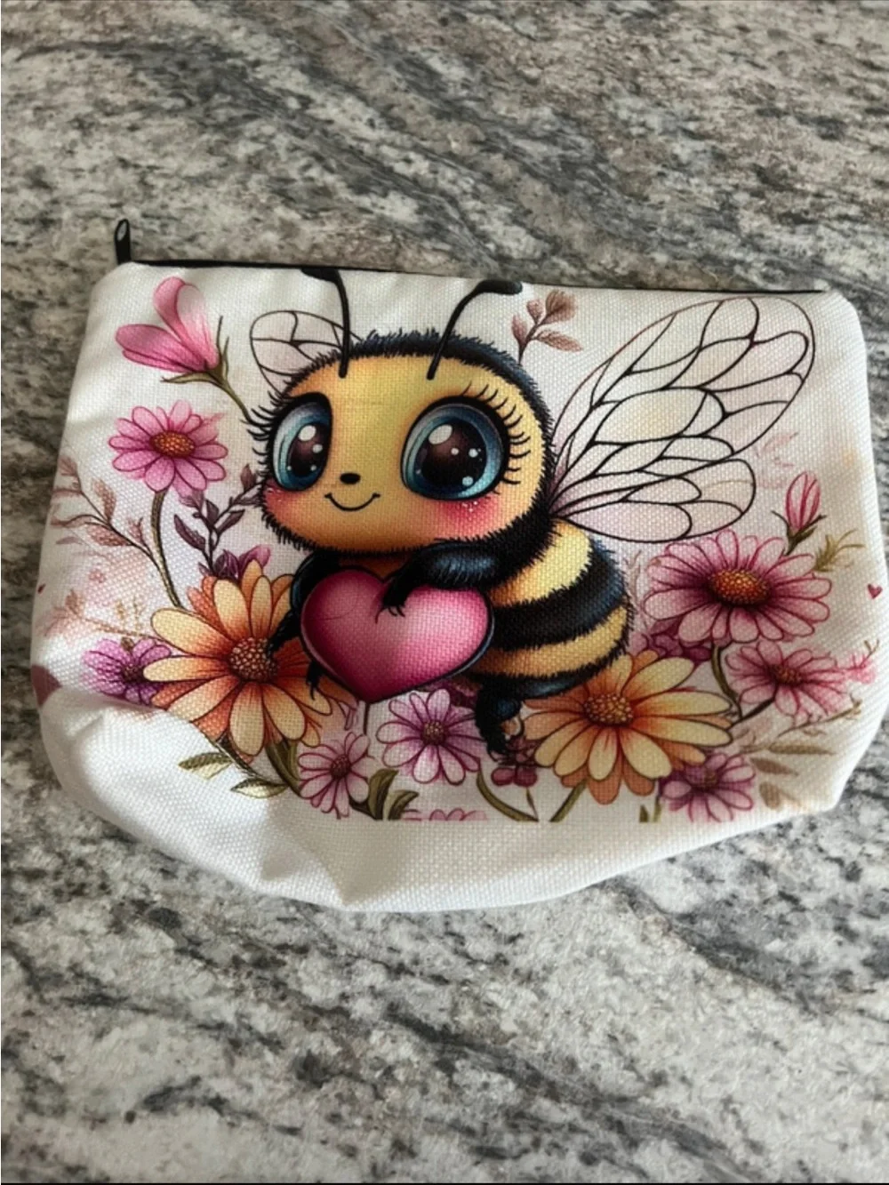 Floral Bee Print with Pink Heart Canvas Make Up Bag